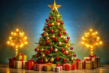 A classic Christmas tree adorned with yellow LED lights, red and gold baubles, red ribbons, tinsel, a gold star on top, and colorful gift boxes at the base, blending tradition with luxury.