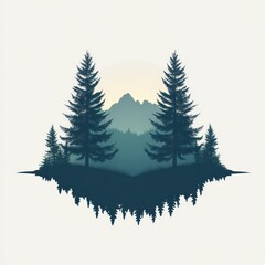 Obraz premium Silhouette of two tall pine trees flanking a mountain range at sunrise, reflected in water.