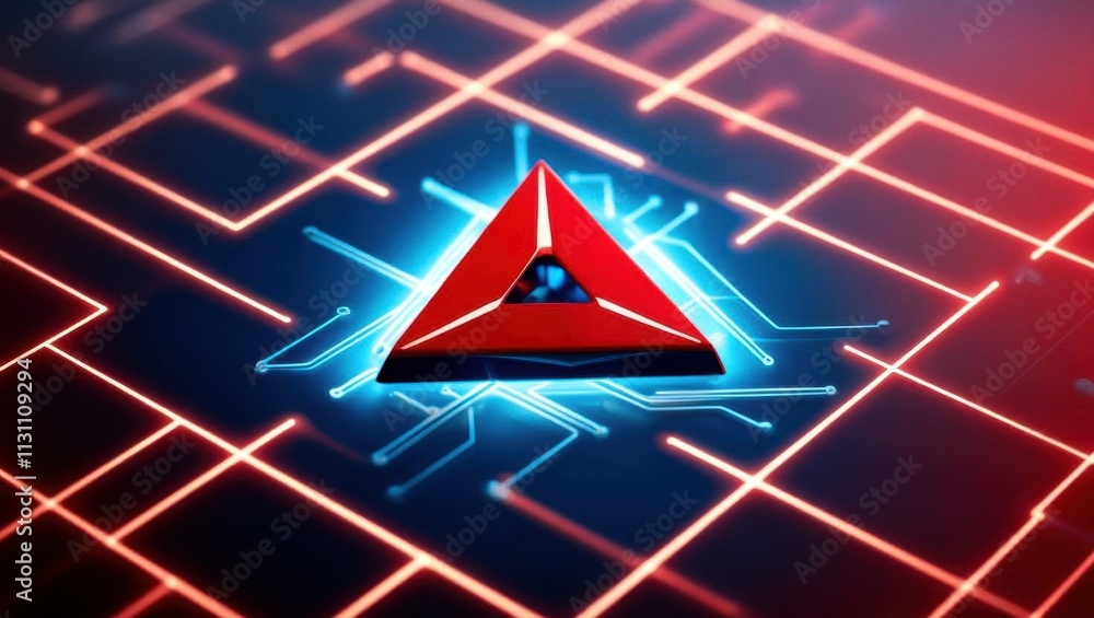 Poster futuristic abstract illustration featuring a glowing red triangle in a digital circuit pattern.