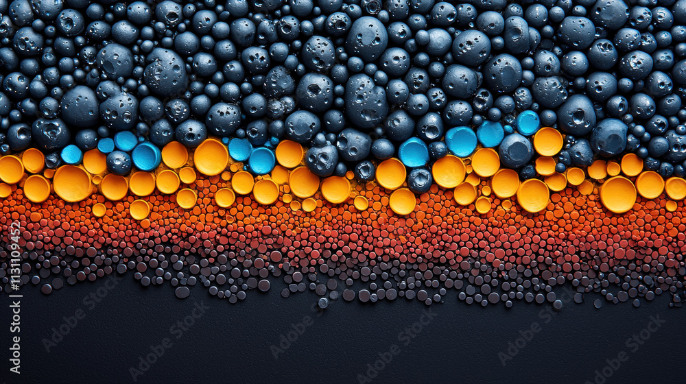 Poster material science metals strength. colorful droplets create a striking abstract pattern against a dar