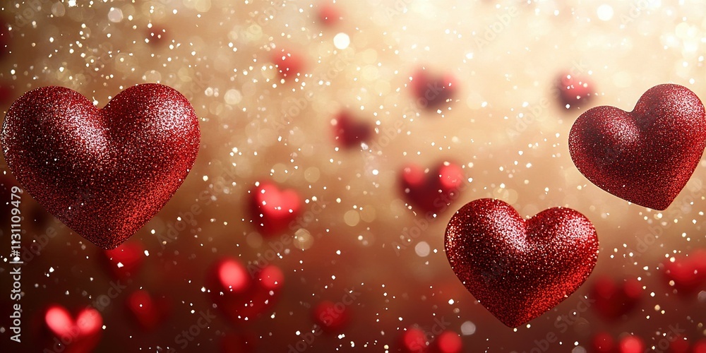 Poster red hearts floating with sparkles create a romantic atmosphere for a celebration or event