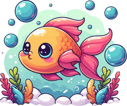 cute Fish swimming in bubbles .illustration vector on white background