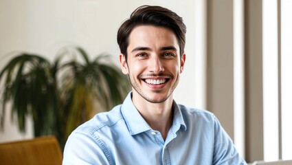 Fototapeta premium Profile picture of smiling young Caucasian man look at camera feel optimistic. Headshot close up portrait of happy millennial male show white healthy teeth. Renter or tenant satisfied with service 