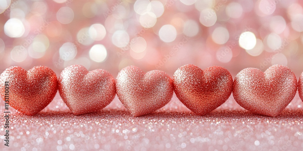 Poster glittery hearts arranged in a row on a sparkling pink surface with a blurred background