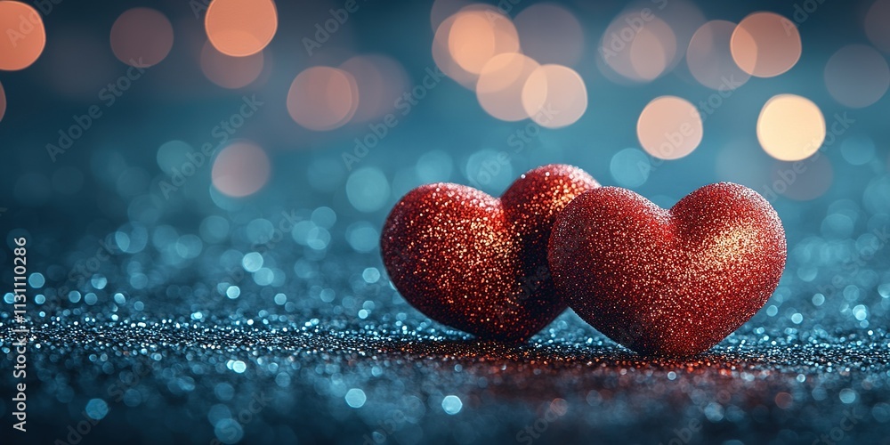 Poster glittering red hearts on a sparkling surface with blurred lights in the background during a romantic