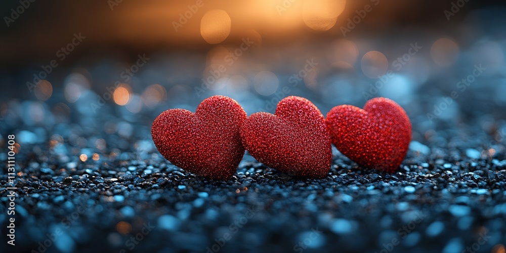 Poster three shimmering red hearts on a sparkling surface with blurred warm background lighting