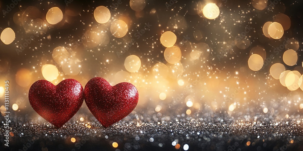 Poster two sparkling red hearts on a dark surface surrounded by golden bokeh lights create a romantic atmos