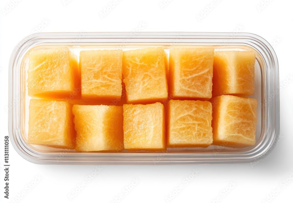 Poster A clear container filled with neatly cut cubes of orange melon.