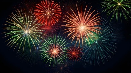 Fototapeta premium A stunning fireworks display in red and green bursts across a dark blue sky, creating a vibrant and festive celebration. The mood is joyous and perfect for ringing in the New Year. 