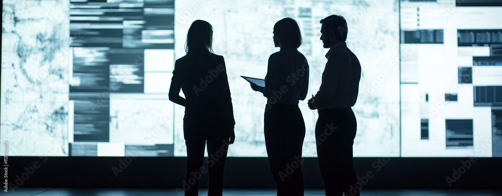 Poster Three professionals observing data visualizations on a large screen.