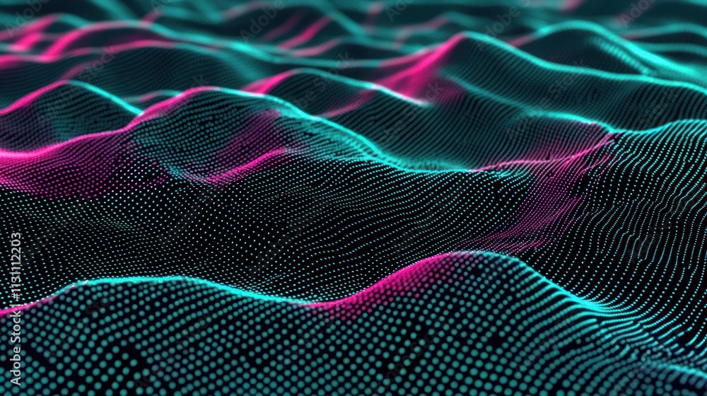 Poster abstract digital landscape with vibrant waves and patterns.