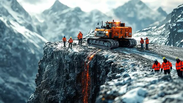 Edge of the World:  A team of construction workers tackle a treacherous mountainside construction project, with a dramatic lava flow adding to the danger and urgency of the scene.  