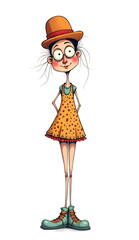 A cartoon girl with a hat and a dress. Illustrations for posters, cards, t-shirts, books, stickers, birthday invitations, and wall art.