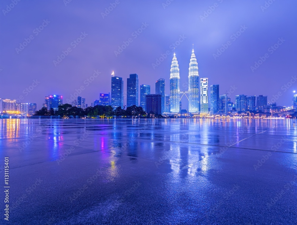 Poster a serene night view of a city skyline with illuminated towers reflecting on wet pavement.