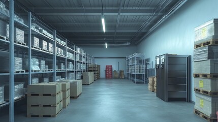 Temperature-controlled refrigerated storage cold room and warehouse with shelves and pallets