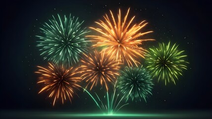 Fototapeta premium A stunning fireworks display in red and green bursts across a dark blue sky, creating a vibrant and festive celebration. The mood is joyous and perfect for ringing in the New Year. 