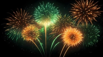 Obraz premium A stunning fireworks display in red and green bursts across a dark blue sky, creating a vibrant and festive celebration. The mood is joyous and perfect for ringing in the New Year. 