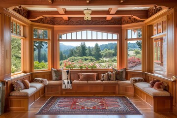 Fototapeta premium Large room with a red carpet and wooden furniture