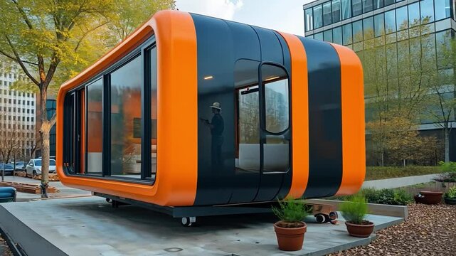 Modern Tiny Home: A sleek, orange and black modular home with large windows and a contemporary design, offering a glimpse into a sustainable and minimalist lifestyle.  