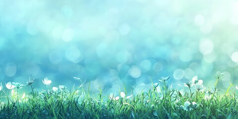 Obraz premium Realistic stock photo of a tropical meadow scene. In the foreground, grass flower and grass. The middle of the image features a meadow field, with a blurred background of the sun beam