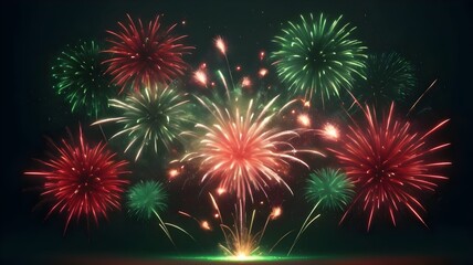 Obraz premium A stunning fireworks display in red and green bursts across a dark blue sky, creating a vibrant and festive celebration. The mood is joyous and perfect for ringing in the New Year. 