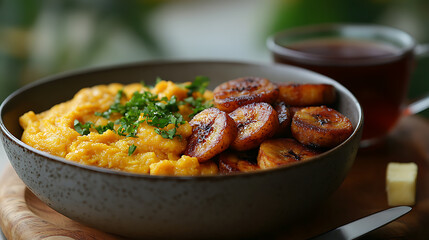Warm delicious Nigerian breakfast with yam porridge eggs and fried plantains Closeup on a cup of...
