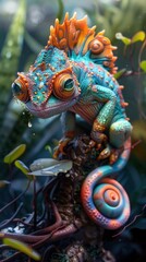 Obraz premium Vibrant and Colorful Chameleon Reptile Perched on a Branch Amid the Lush Tropical Jungle Foliage