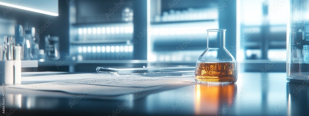 Fototapete a laboratory scene featuring a flask with liquid, papers, and tools on a table.