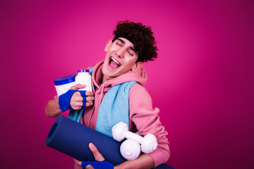 Fitness and healthy lifestyle. Funny curly guy doing sports. Retro style.