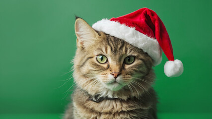 Cute kitten wearing a Santa hat on a green background