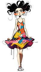 A woman with a colorful dress and a flower on her dress. Illustrations for posters, cards, t-shirts, books, stickers, birthday invitations, and wall art.