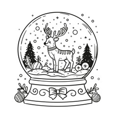 Christmas snow globe with cute deer, black and white vector illustration for coloring book