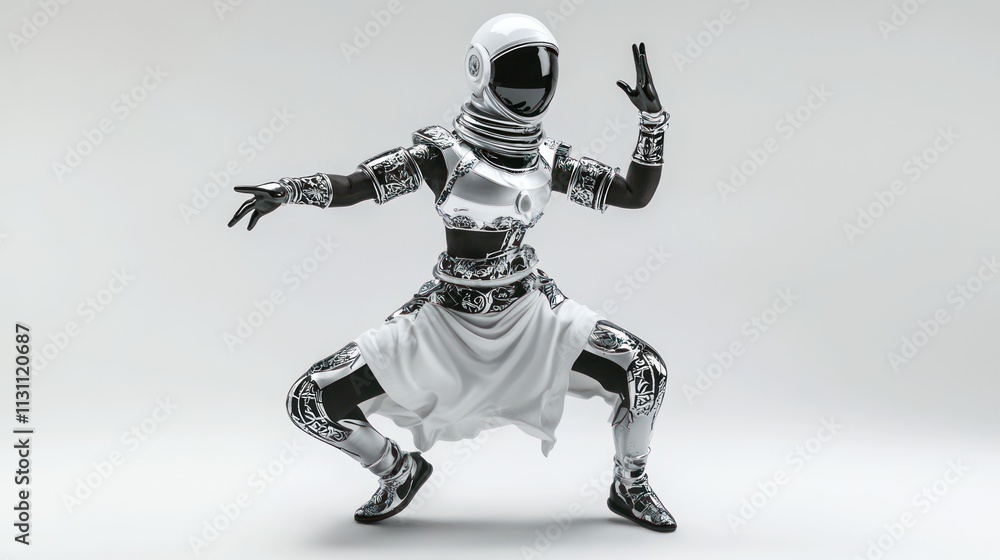 Aufkleber A futuristic humanoid figure in a dynamic pose, combining elements of technology and fashion.