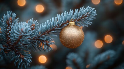 Macro view of a Christmas tree branch with frosted pine needles and a glittering gold bauble softly illuminated by glowing holiday lights
