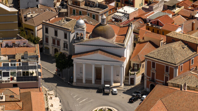 Aerial view of the church of San Francesco Saverio in Foggia, Puglia, Italy. It is neoclassical in style, with an entrance pronaos of the Ionic order.