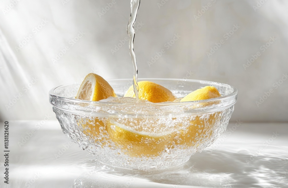 Poster a bowl of lemons in sparkling water, creating a refreshing drink ambiance.