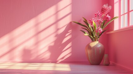 Fototapeta premium A modern room with pink walls and sunrays shining through the window