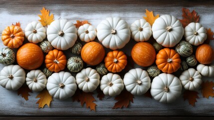Autumn-inspired background with scattered orange pumpkins and colorful fall leaves on a whitewashed wooden surface for a classic seasonal look