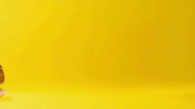 Snail gracefully crawling on a vibrant yellow background. A snail moves slowly across a bright yellow surface showcasing its unique shell.