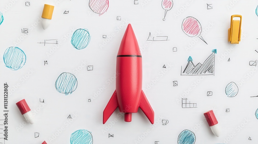 Poster startup growth customers development concept. red rocket model on a playful background with colorful
