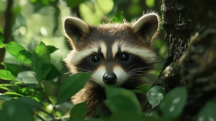 A close-up of a raccoon face peeking out from behind leaves in a forest.