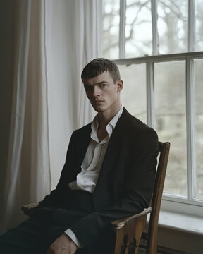 A ganster man, teenager, wearing white shirt and black suit, looking bold and sharp, sitting on a wooden chair in an old suburb house for artsy film, storyboard, movie character concept