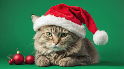 Cute kitten wearing a Santa hat on a green background