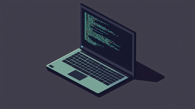 Laptop with code running on the screen, representing tech startups. Flat illustration.