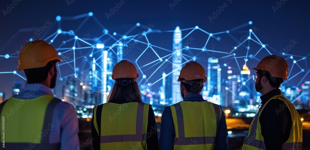 Poster four construction workers observe a city skyline with digital connections at night.