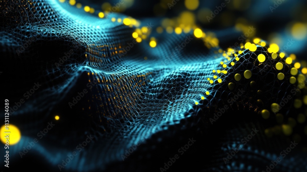 Aufkleber abstract digital landscape with glowing particles and a mesh structure.