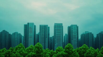Fototapeta premium A serene cityscape featuring tall skyscrapers rising above lush greenery under a cloudy sky, capturing a blend of urban and natural elements.