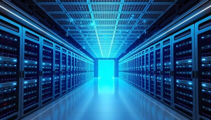 The image depicts the interior of a high-tech data center. Long rows of server racks line both sides of a sleek corridor, creating a symmetrical and organized appearance. The servers are illuminated w