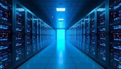 The image depicts the interior of a high-tech data center. Long rows of server racks line both sides of a sleek corridor, creating a symmetrical and organized appearance. The servers are illuminated w