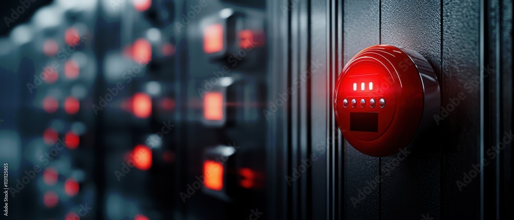 Poster a close-up of a digital control panel featuring illuminated buttons and a prominent red alert indica